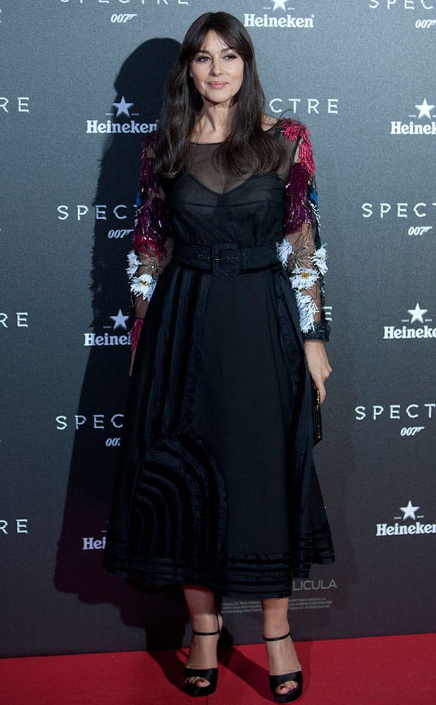 Italian actress Monica Bellucci poses for photogarphers during the premier for the latest James Bond movie Spectre at Royal Theatre, in Madrid.