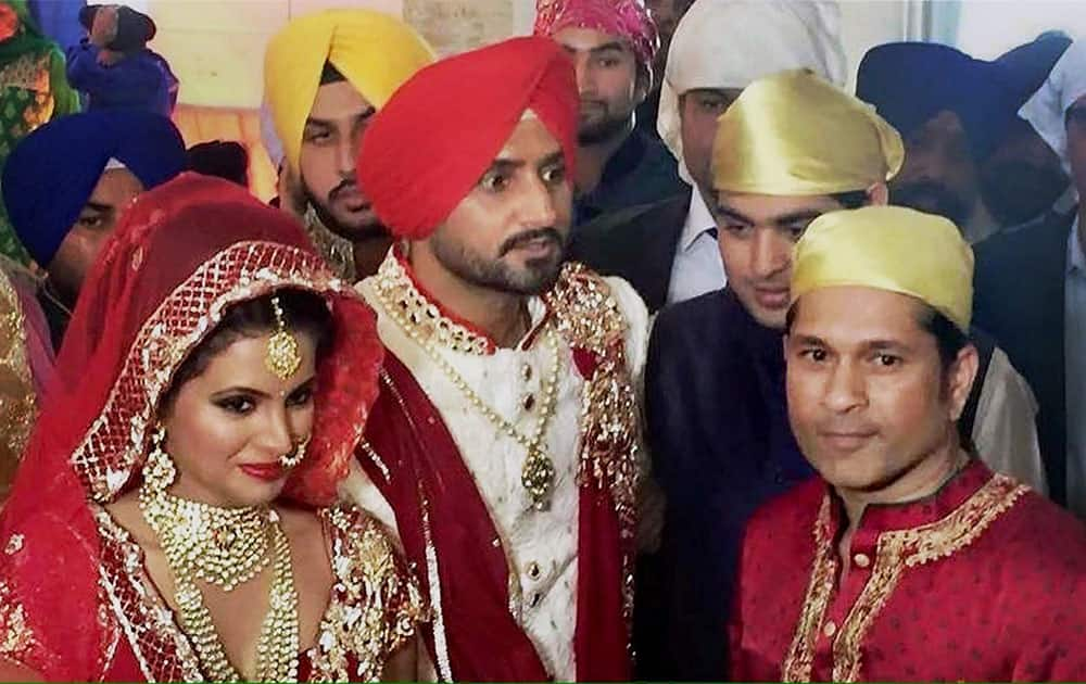 Cricketer Sachin Tendulkar attending the marriage of Harbajan Singh and Geeta Basra, in Jalandhar.