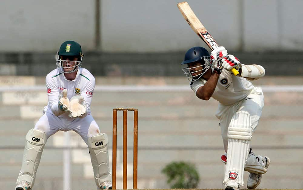 Board President's XI cricketer Naman Ojha bats during a practice match against South Africa in Mumbai. South Africa will play four test cricket matches with India starting Nov. 5.