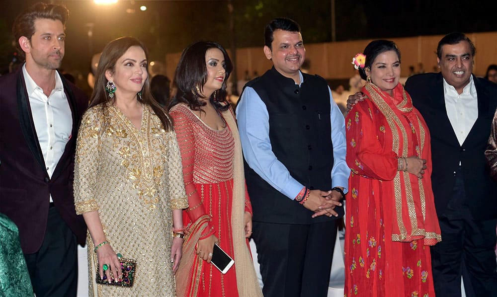 Maharashtra Chief Minister, Devendra Fadnavis along with his wife Amrita, Bollywood actors Hritik Roshan, and Shabana Azmi during the opening ceremony of 17th edition of Jio MAMI Mumbai Film Festival, in Mumbai on Thursday. Industrialist Mukesh Ambani with his wife Neeta Ambani are also seen in the picture.