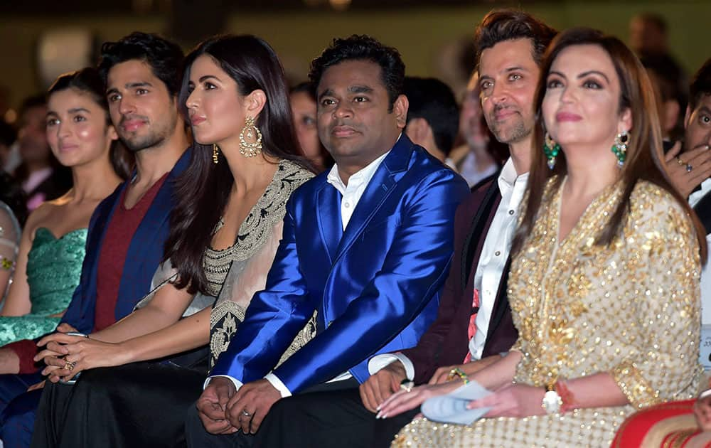 Bollywood actors Hritik Roshan and Katrina Kaif along with Neeta Ambani, Sidharth Malhotra and Alia Bhat during the opening ceremony of 17th edition of Jio MAMI Mumbai Film Festival, in Mumbai.