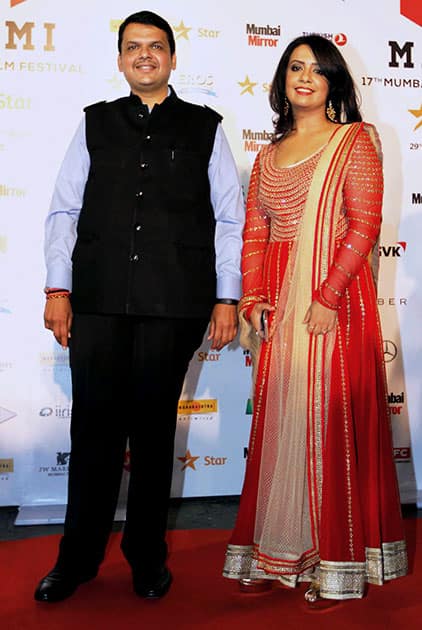 Maharashtra Chief Minister Devendra Fadnavis with wife Amruta Fadnavis during the opening ceremony of Jio MAMI 17th Mumbai Film Festival, in Mumbai.