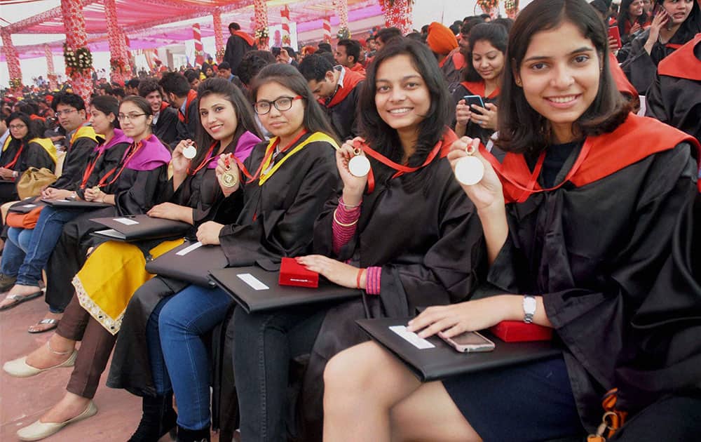 Students after receiving degrees and medals during the Twenty Ninth Annual Covocation of Thapar University in Patiala.