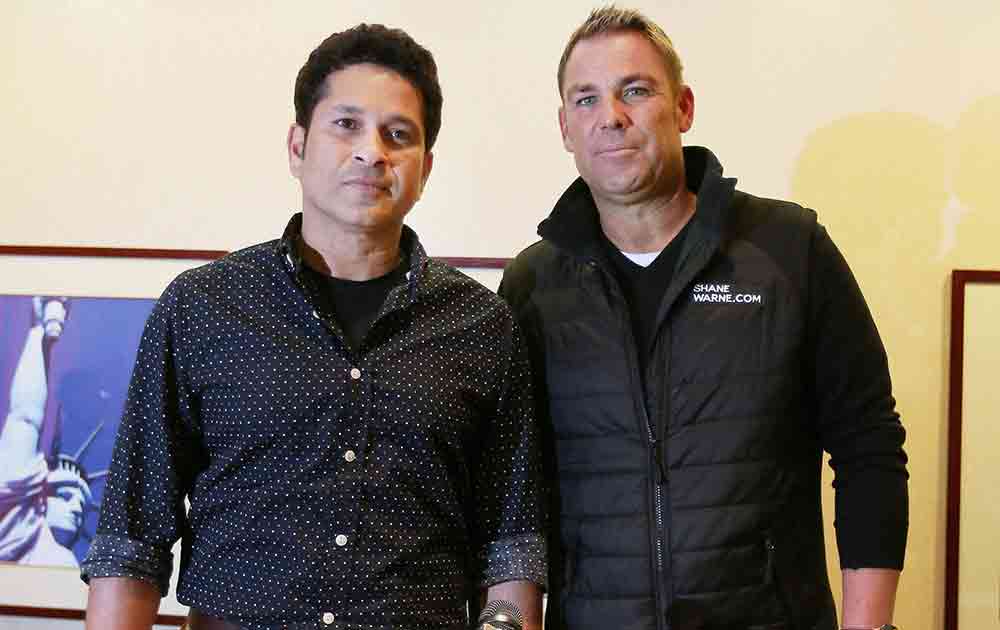 Cricketers Sachin Tendulkar and Shane Warne at a press conference at Times square in Manhattan, New York.
