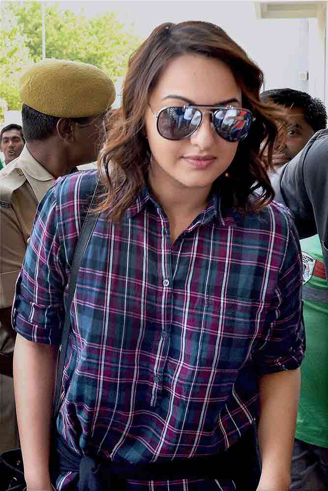 Actress Sonakshi Sinha leaves the Jodhpur civil airport.