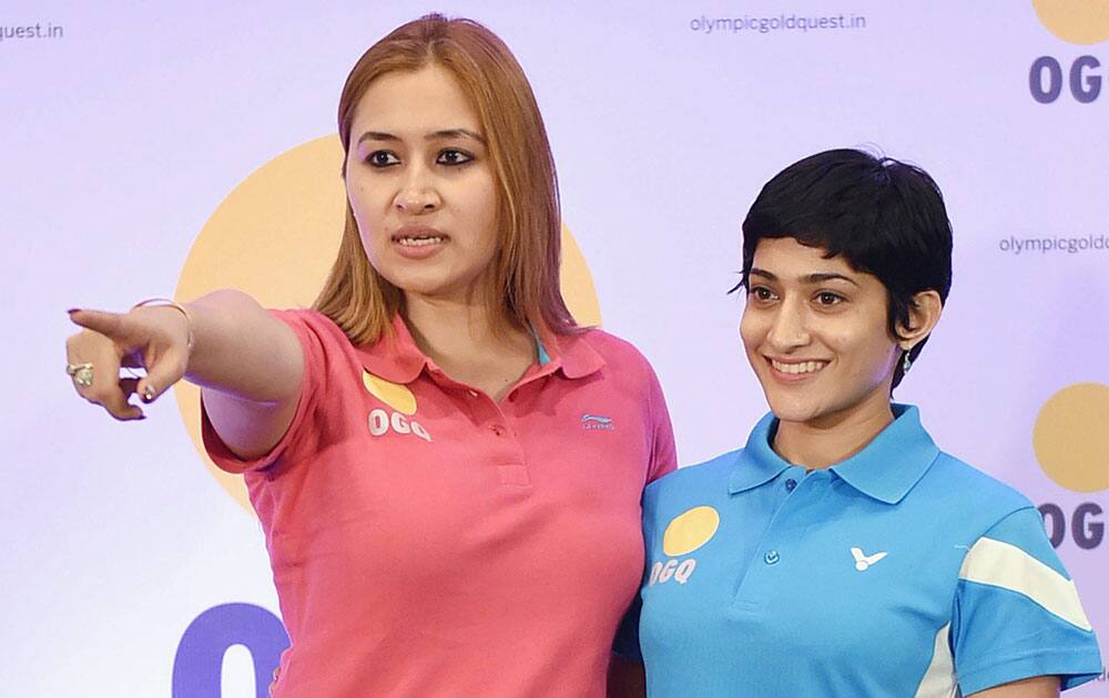 Badminton players Jwala Gutta and Ashwini Poonappa during a press conference organised by Olympic gold quest in Mumbai.