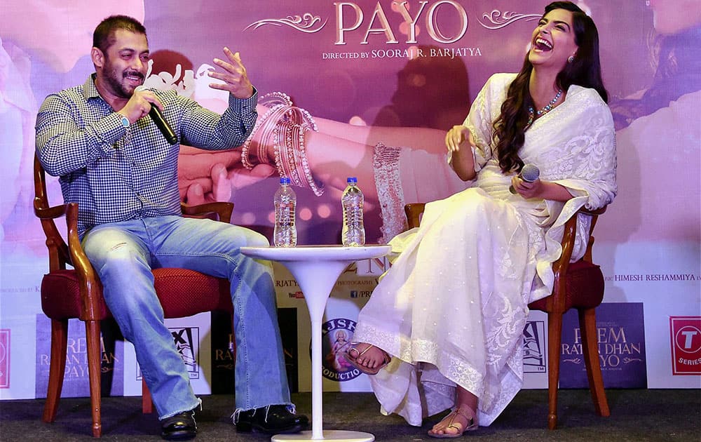 Bollywood actor Salman Khan and actress Sonam Kapoor during a press conference for the promotion of their upcoming film Prem Ratan Dhan Payo in New Delhi.