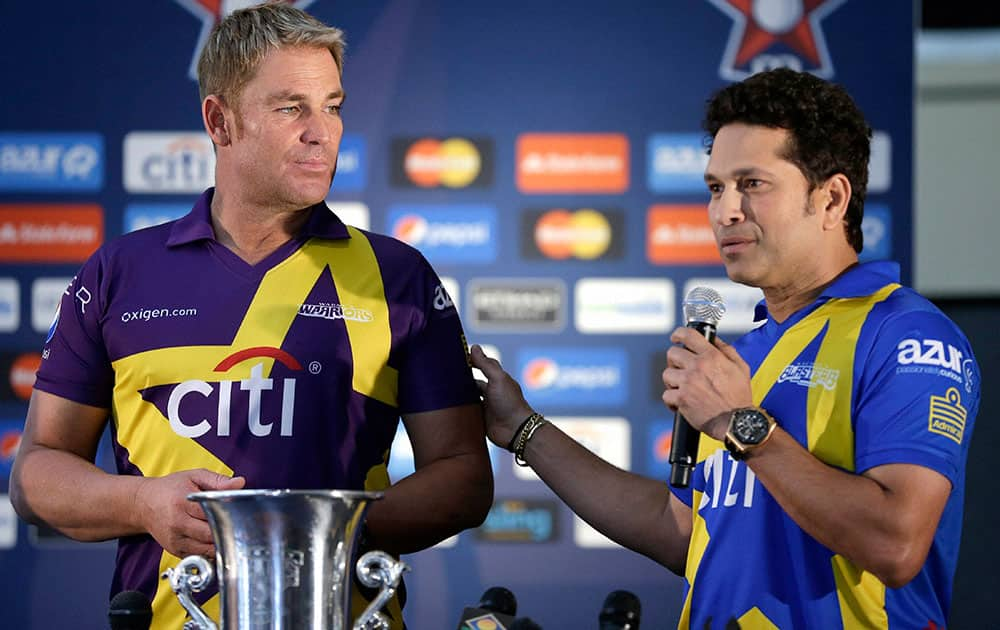 Sachin Tendulkar is joined by Shane Warne during a news conference ahead of the Cricket All Stars three-game series to be played in Major League Baseball stadiums in New York, Houston and Los Angeles, in New York. 