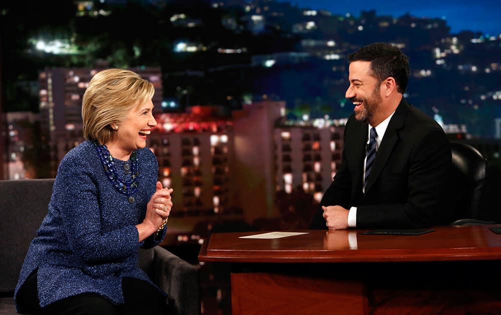 Democratic presidential candidate Hillary Rodham Clinton, laughs with host Jimmy Kimmel, during 'Jimmy Kimmel Live' in Hollywood, Calif.