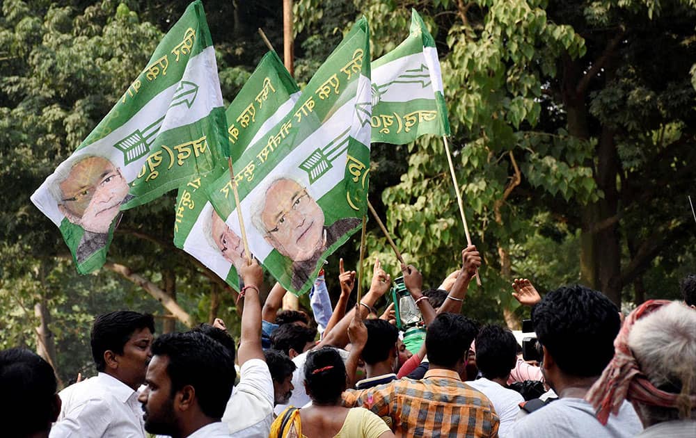 Supporters celebrate the Mahagathbandhans (Grand Alliance) victory in Bihar assembly elections in Patna.