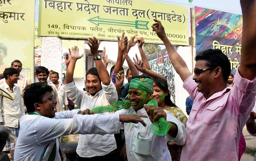 JD(U) supporters celebrate the Mahagathbandhans victory in Bihar assembly elections in Patna.