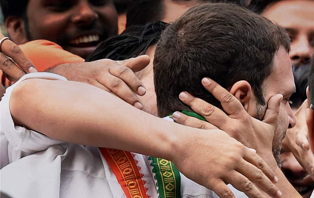 Congress Vice President Rahul Gandhi with party workers during celebration of Grand Alliances victory in the Bihar Assembly elections, at party headquarters in New Delhi.