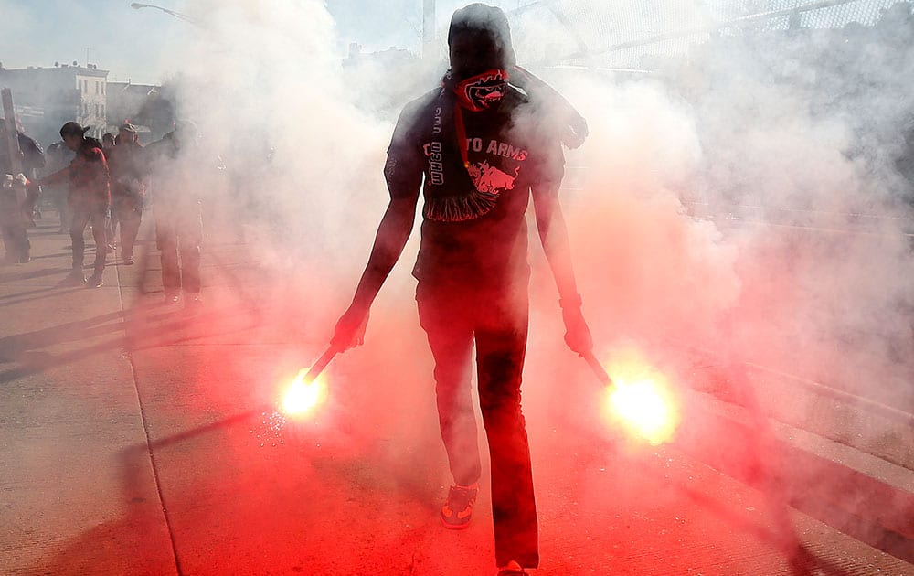 New York Red Bulls supporters rally outside Red Bull Arena prior to an MLS playoff soccer match between the Red Bulls and the D.C. United, in Harrison, N.J.