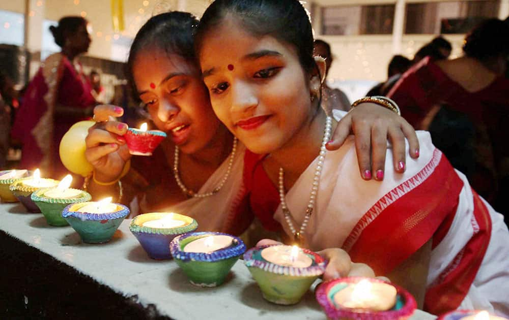 Special children celebrating Diwali festival at a school at Thane in Mumbai.