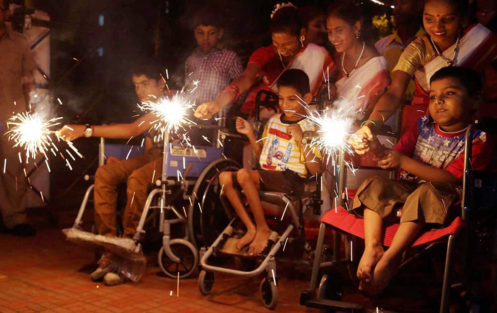 Special children celebrating Diwali festival at a school at Thane in Mumbai.