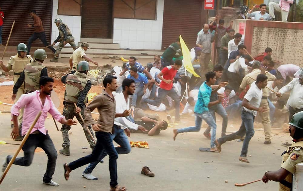 Police in action after two groups clashed over Karnataka governments decision to go ahead with Tipu Sultan Jayanti celebrations, in Kodgu.