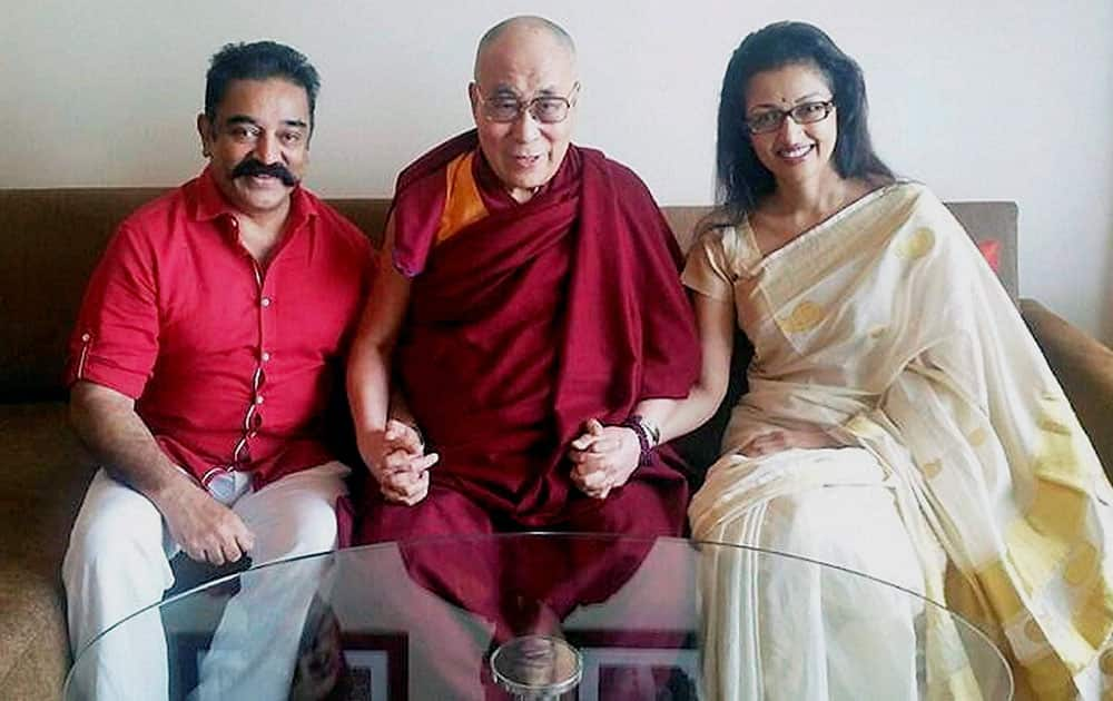 Spiritual leader Dalai Lama with actor Kamal Haasan and his wife Gautami Tadimalla in Chennai.