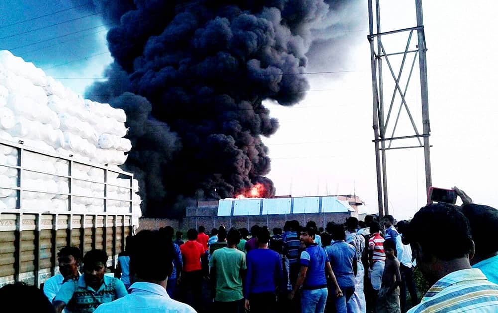 Black smoke seen after fire caught at a thermocol factory in Domjur in Howrah district of West Bengal.