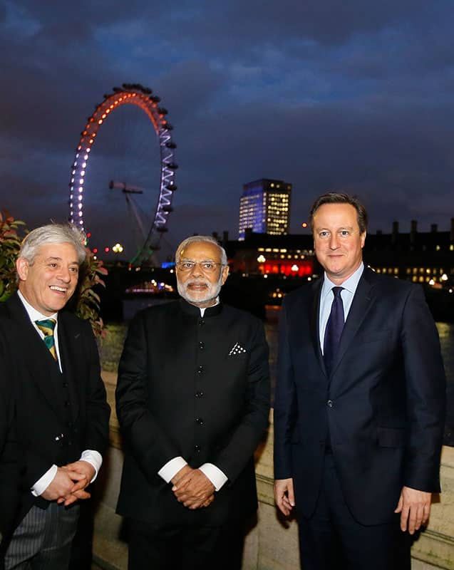 Britain's Prime Minister David Cameron with India's Prime Minister Narendra Modi and Speaker of the House of Commons, John Bercow as they tour Parliament in London.