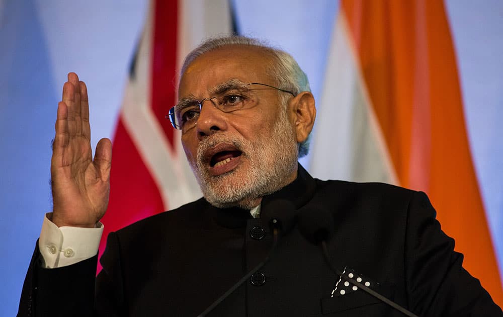 Indian Prime Minister Narendra Modi, addresses an audience of business leaders and politicians at Guildhall in central London.