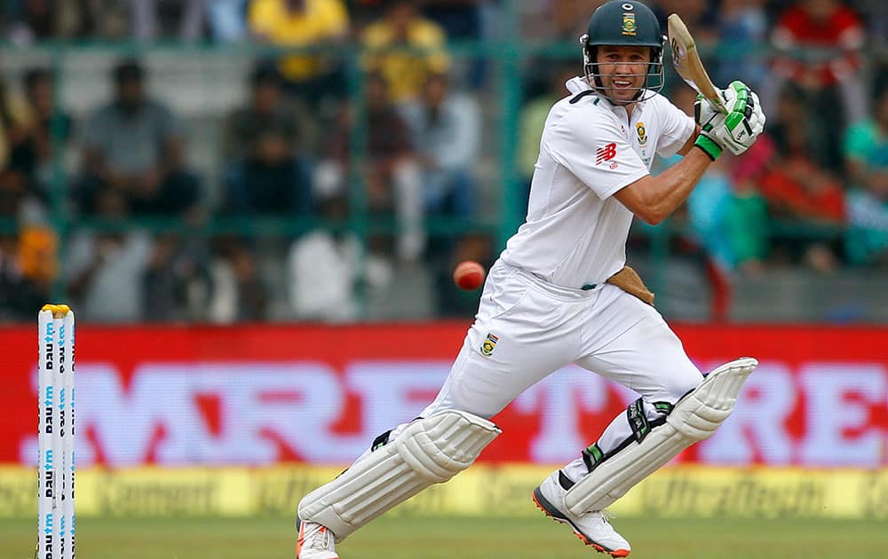 South Africa's AB de Villiers plays a shot during the first day of their second cricket test match against India, in Bangalore.