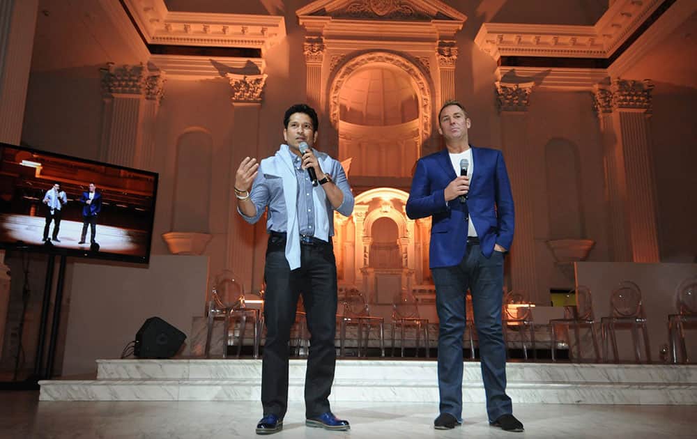 Cricket greats Sachin Tendulkar, left, and Shane Warne address the crowd during the Cricket All-Stars Cocktail Reception that took place at Vibiana in Los Angeles, Calif.