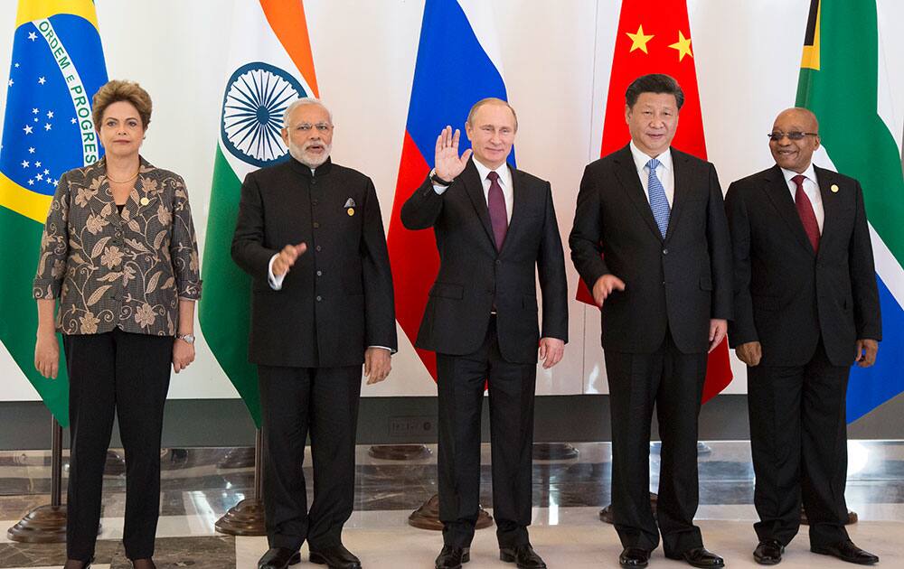 Leaders of BRICS from left, Brazilian President Dilma Rousseff, Indian Prime Minister Narendra Modi, Russian President Vladimir Putin, Chinese President Xi Jinping and South African President Jacob Zuma pose for a photo during their meeting prior to the G-20 Summit in Antalya, Turkey.