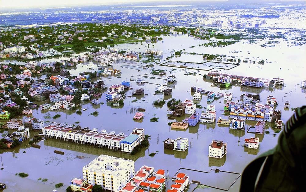 An aerial view of flood affected areas of Kanchipuram District on the outskirt of Chennai.