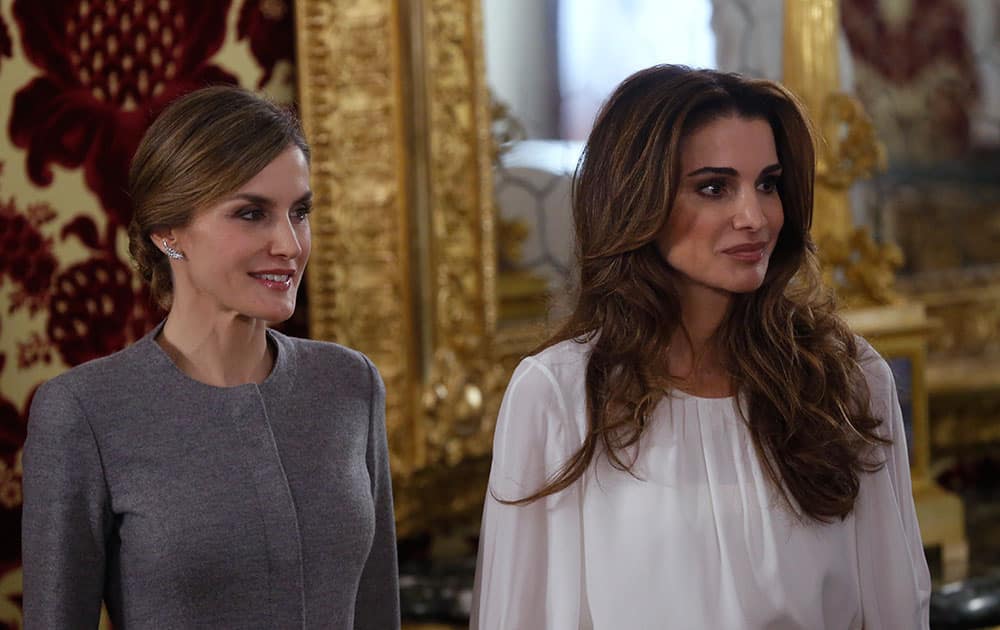 Jordan's Queen Rania, poses with Queen Letizia before a lunch meeting at the Royal Palace in Madrid, Spain.