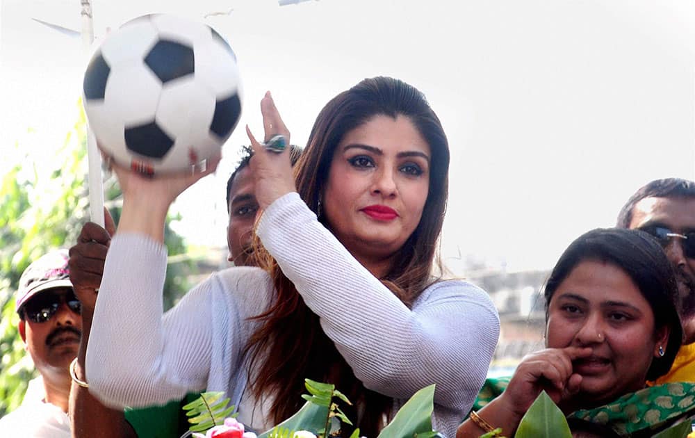 Bollywood actress Raveena Tendon in a road show to promote a football tournament in Malda city of West Bengal.