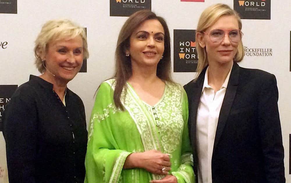 Nita Ambani, Founder and Chairperson, Reliance Foundation along with Tina Brown, Founder and CEO of Tina Brown Live Media and Cate Blanchett, an Academy Award-Winning Actress and Humanitarian at the Women In The World Summit in New Delhi.