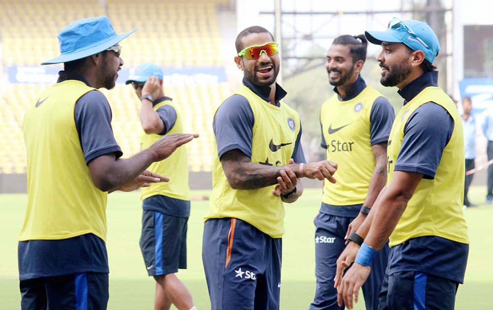 Indian cricket players during a practice session in Vidarbha Cricket Association (VCA) Stadium ahead of their 3rd test match against South Africa in Nagpur.