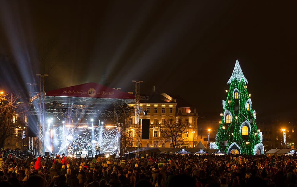 The National Christmas tree during a lighting ceremony at Cathedral square in Vilnius, Lithuania.
