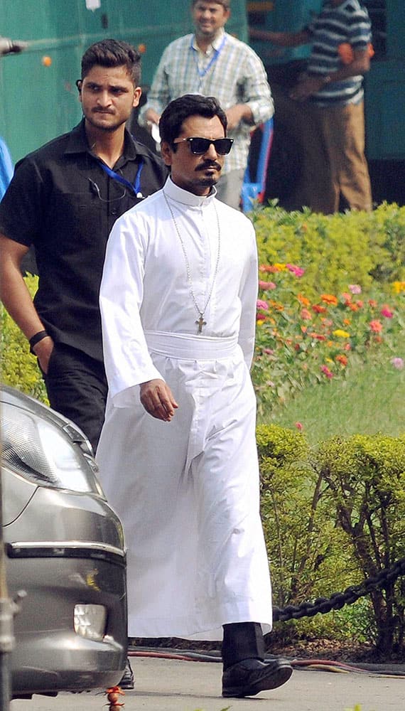 Actor Nawazuddin Siddiqui during shooting for a film at St Paul Cathedral Church in Kolkata.