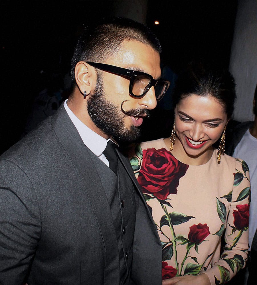 Actor Ranveer Singh and Deepika Padukone during the success party of film Tamasha in Mumbai.