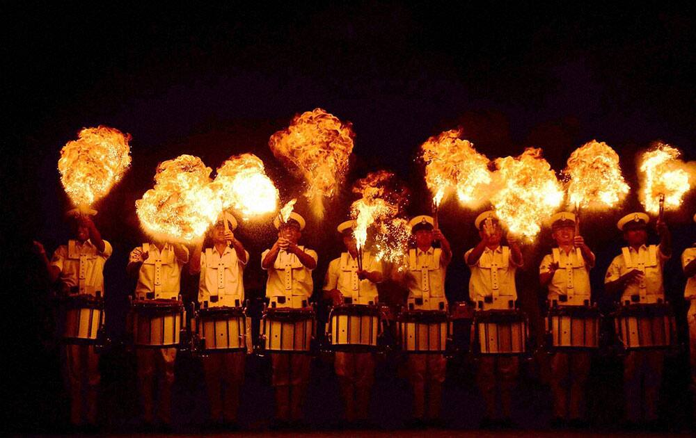 The rehearsal for beating the retreat (Tattoo ceremony) ahead of Navy week celebration at Gateway of India in Mumbai.