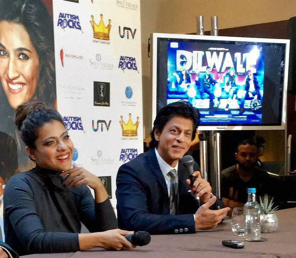 Bollywood stars Shah Rukh Khan and Kajol address a press conference on their upcoming release Dilwale at a hotel in London.