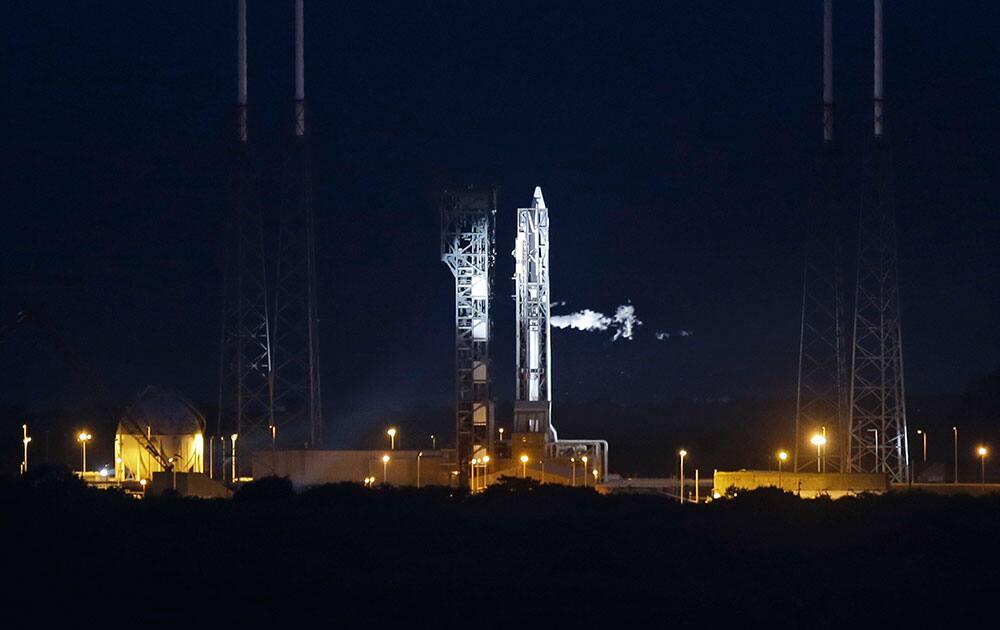 A United Launch Alliance Atlas V rocket stands by on launch complex 41 at the Cape Canaveral Air Force Station.