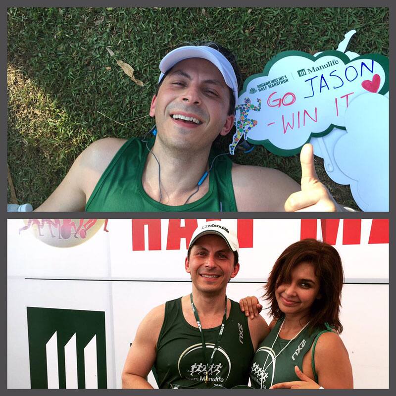 Lisa Ray ‏:- You DID it! First half marathon for @jasondehni. Now for a deep tissue massage. I'm a good groupie. #RunWithManulife -twitter