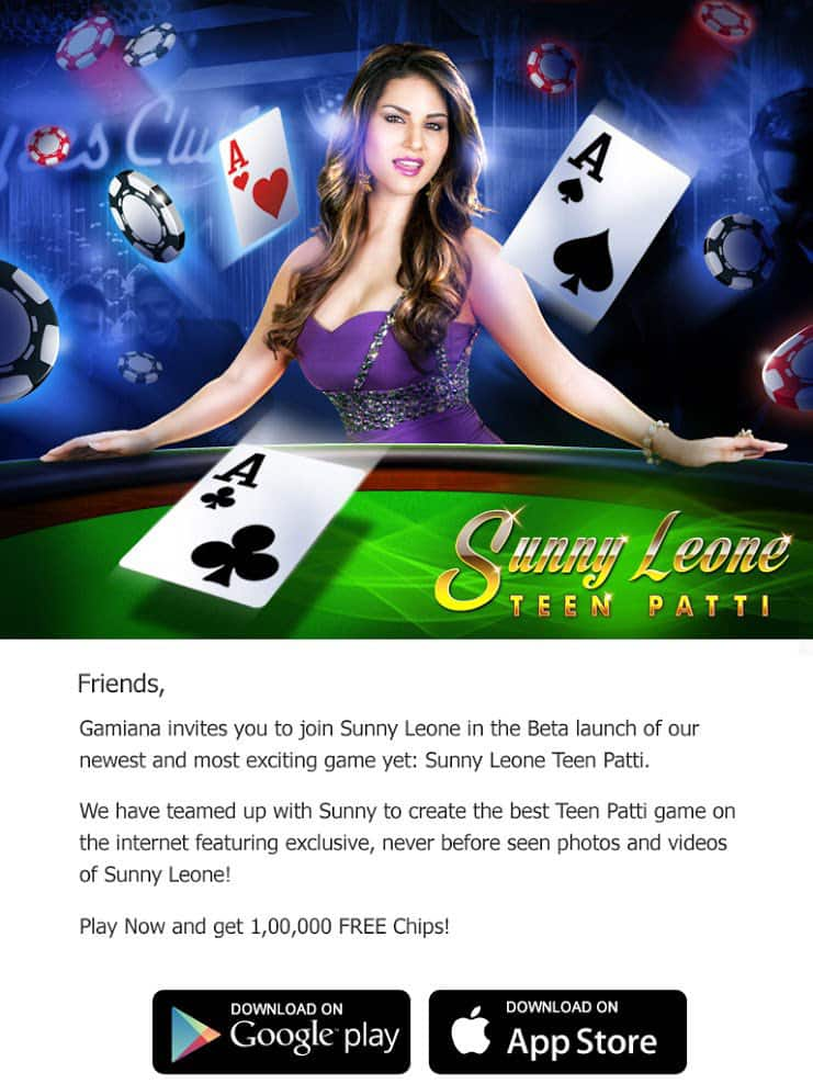 Sunny Leone ‏:- Make sure to Download the #1 Card game now... Sunny Leone Teen Patti -twitter
