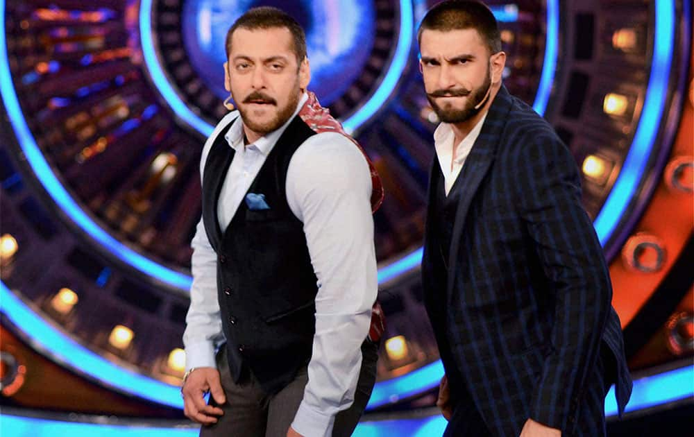 Actor Ranveer Singh with Salman Khan during promotion of his upcoming film Bajirao Mastani at a TV show in Mumbai.