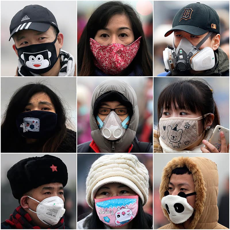 combination of photos from the first week of December 2015, men and women wear masks to protect from air pollutants in Beijing. 