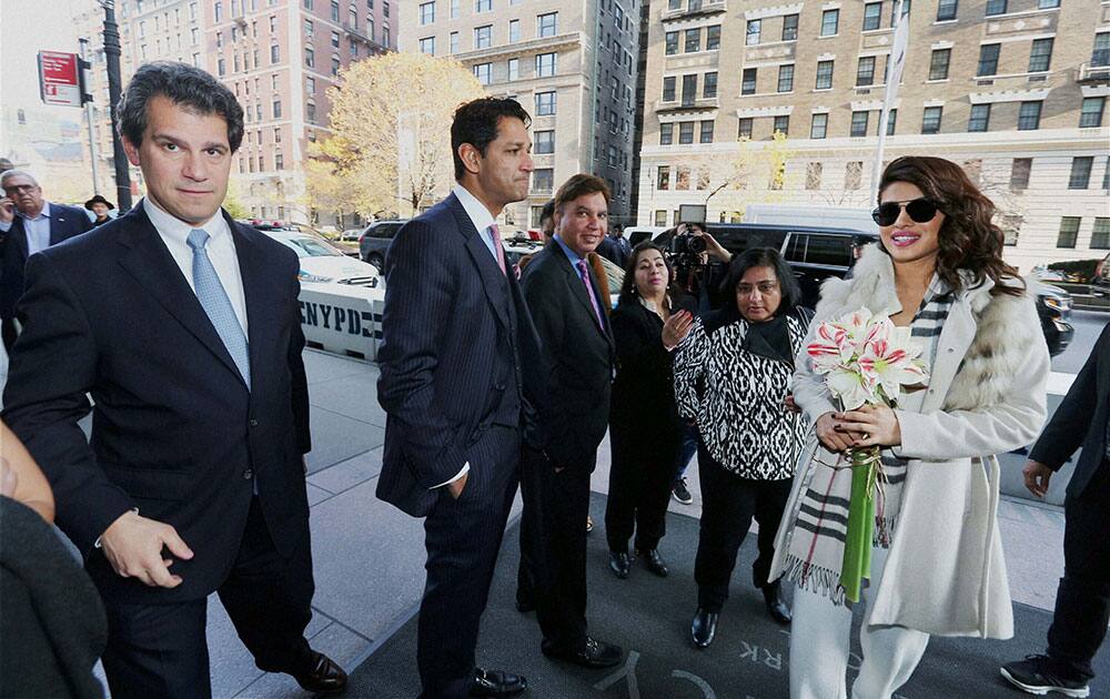 Bollywood actress Priyanka Chopra before addressing a press conference for up coming movie Bajirao Mastani at New York.