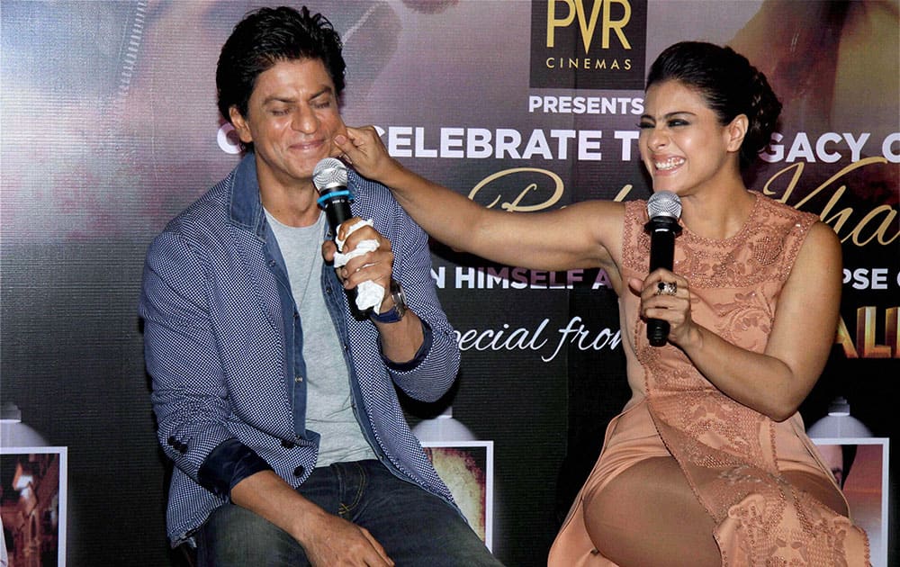 Bollywood actors Shahrukh Khan and Kajol Devgn during the promotion of their upcoming Hindi film ‘Dilwale’ in Mumbai.