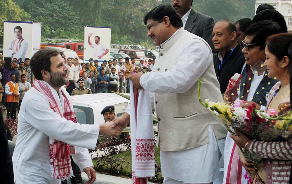 Congress Vice President Rahul Gandhi is welcomed upon his arrival at GMCH Auditorium in Guwahati.