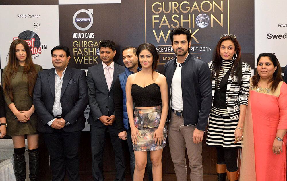 Bollywood actor Arjan Bajwa, actress Meera Chopra and fashion designer Sanjana Jon at the announcement of Gurgaon Fashion Week in Gurgaon.