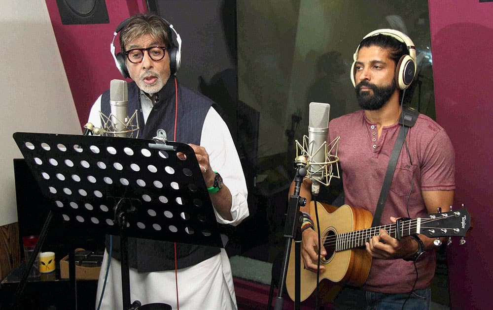 Bollywood actor Amitabh Bachchan, Farhan Akhtar recording a song for upcoming film Wazir at Purple Haze studios in Bandra, Mumbai.