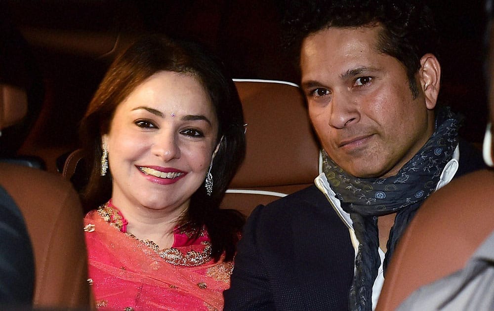 Sachin Tendulkar along with wife Anjali Tendulkar arrives to attend the wedding of cricketer Rohit Sharma.