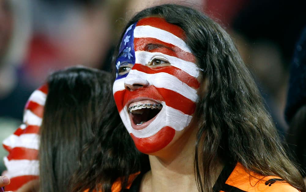 Audrey Foster, cheers for the U.S. Women's National team during an international friendly soccer match against China.