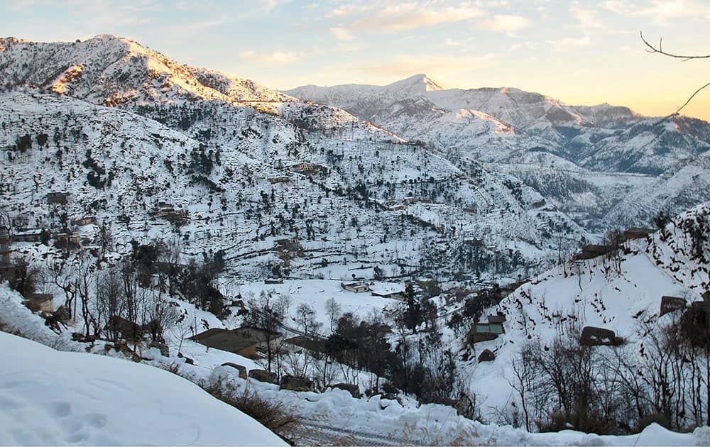 A view of snow covered Pir Panjal Ranges in Jammu Kashmir.